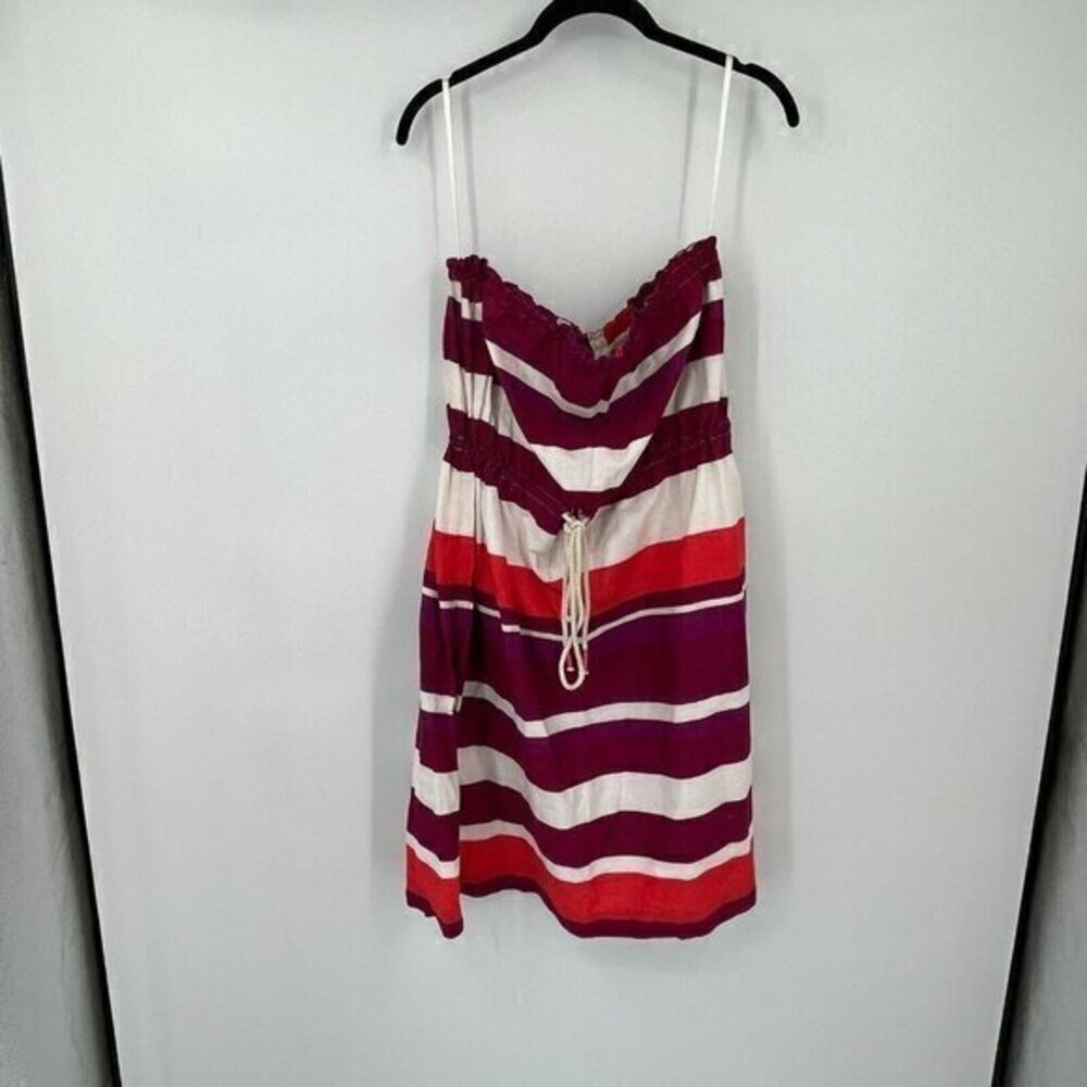 GAP Dress Large Womens Strapless Linen Blend Striped Preppy Drawstring Knit New